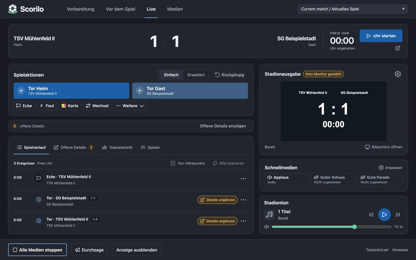 Die Live-Ansicht von Scorilo: Spielstand 1:1, Uhr, Schaltflächen für Tore, Ecke, Foul, Karte und Wechsel, Spielverlauf, Vorschau der Stadionausgabe, Schnellmedien und Stadionton.