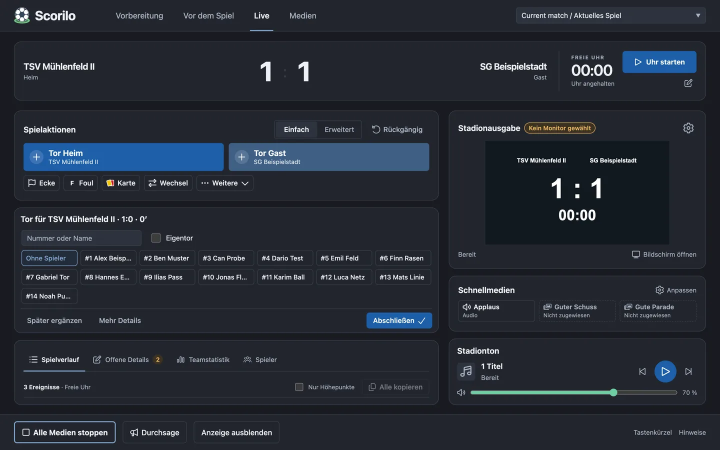 Das Feld „Tor für TSV Mühlenfeld II“ mit Suche nach Nummer oder Name und den Spielern als Auswahl.