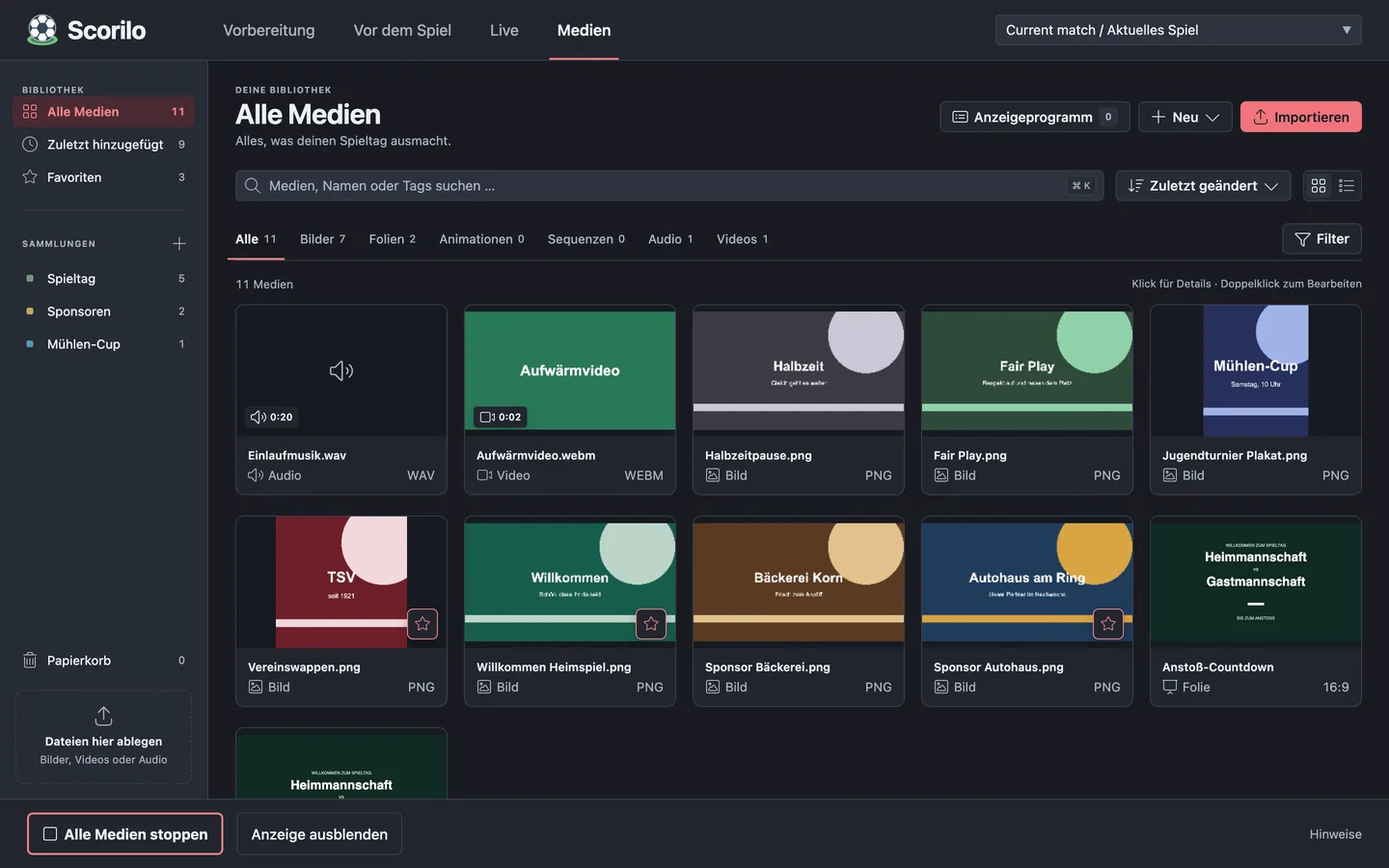 Die Medienbibliothek: Sammlungen Spieltag, Sponsoren und Mühlen-Cup, Filter nach Bildern, Folien, Animationen, Sequenzen, Audio und Videos, Kacheln mit Vereinswappen, Sponsorenbildern, Aufwärmvideo, Einlaufmusik und dem Anstoß-Countdown.