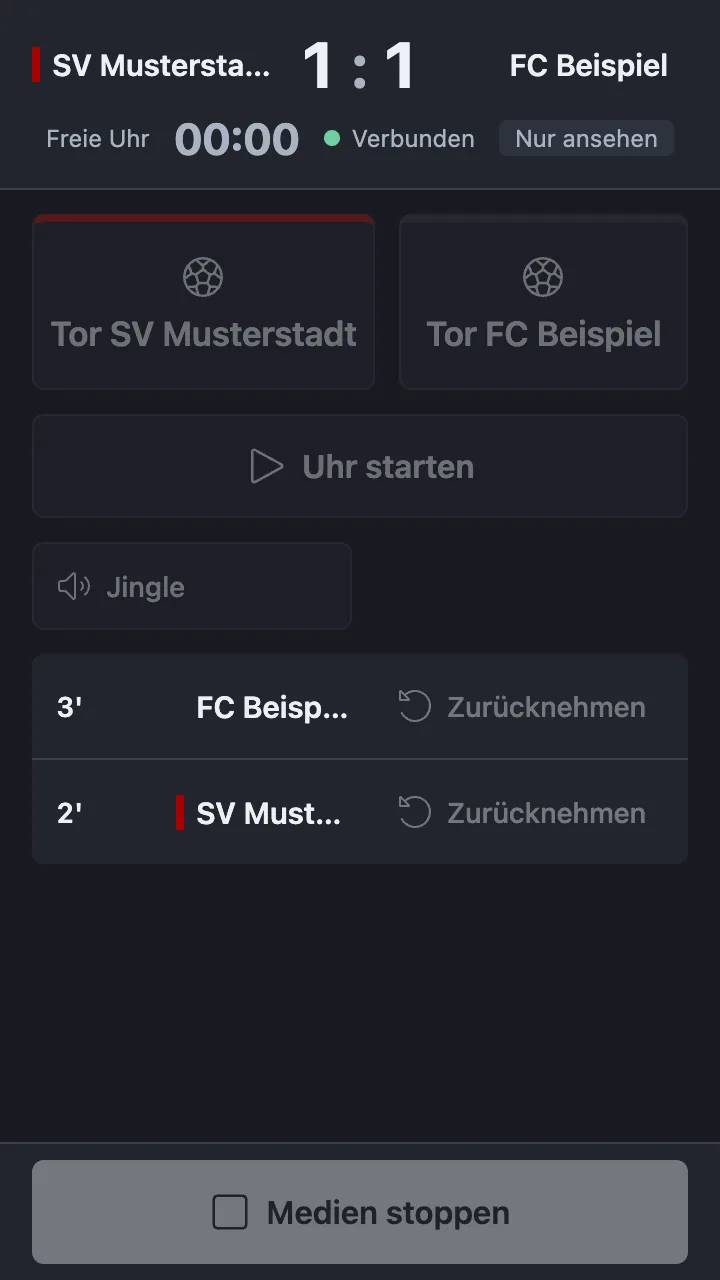 Scorilo Remote auf dem Smartphone: Spielstand 1:1 mit Uhr und Verbindungsstatus, Tor-Schaltflächen für beide Teams, Uhr starten, ein Medienbutton und die Liste der Tore.